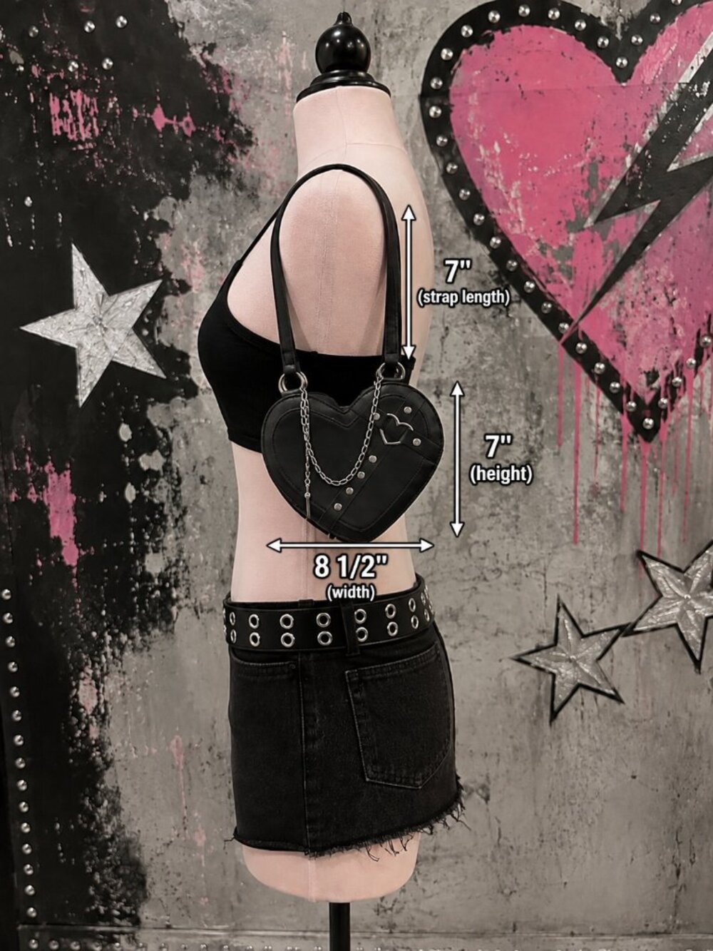 Black Heart Purse Studded Buckle Chain Cross Y2K Punk Rock Bag